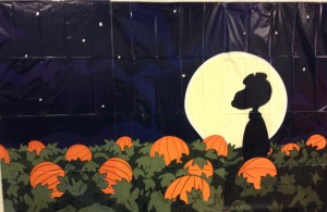 Snoopy in Pumpkin Patch with Moon in Background